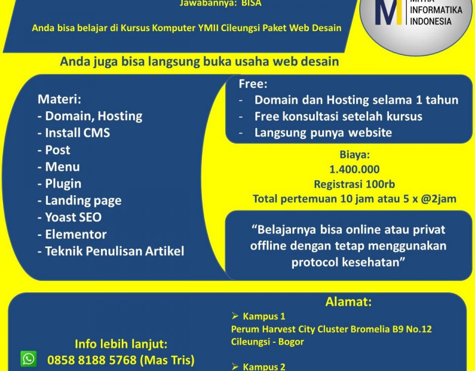 Tempat Kursus Belajar Membuat Website di Kursus Komputer YMII Cileungsi untuk masyarakat Cileungsi, Cibubur, Jakarta, Depok, Bekasi, Tangerang